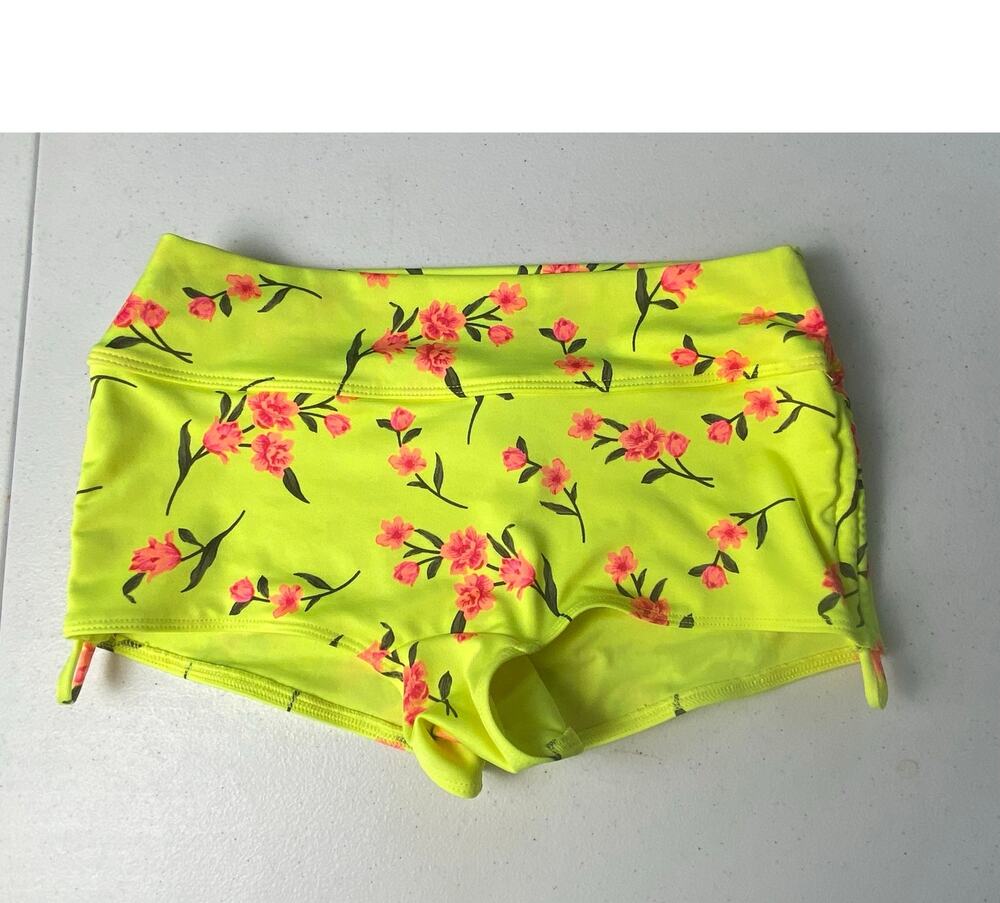 Pink Sport Yellow Floral Side Cinch Boy Shorts Swim Bottoms Women's Size Small